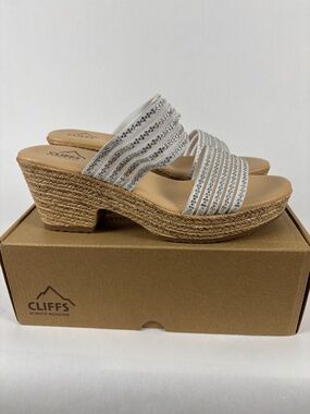 Cliffs, by WHITE MOUNTAIN, White and Tan, Wedge, Sandals, Size 9.5 Women's